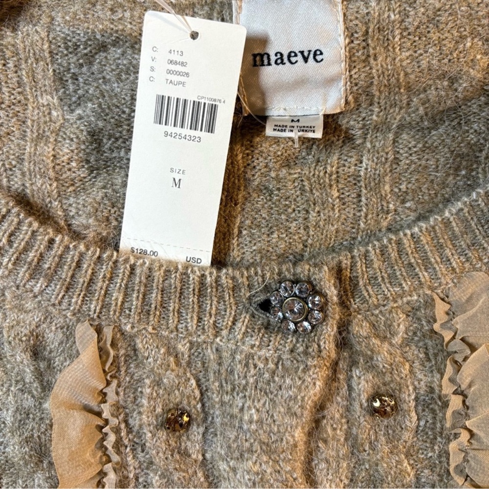 Maeve Short-Sleeve Embellished Ruffled
Cardigan Sweater in Taupe Sz M & L & XL - Picture 6 of 8
